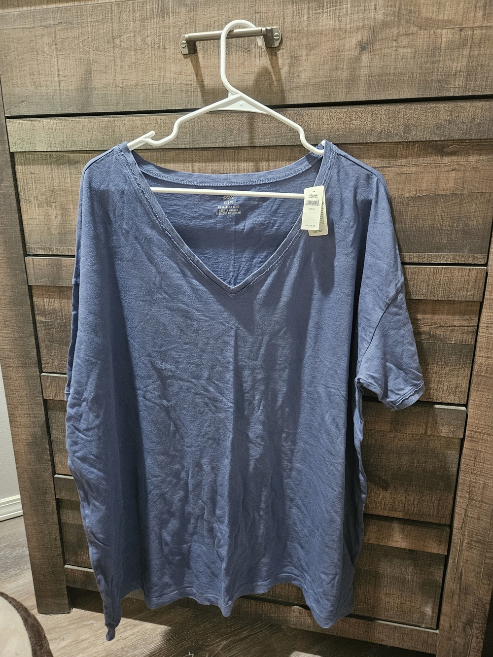 aerie Slightly Distressed Oversize Relaxed V-Neck Short Sleeve Tee in Dusty Blue